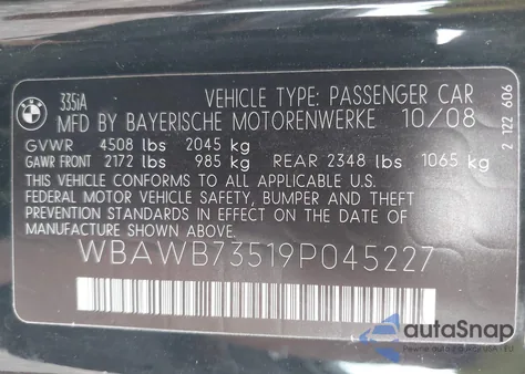 2009 BMW 335I from USA, damaged, VIN WBAWB73519P045227